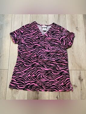 Scrub Star XS Pink Black Zebra Animal Print Mock Wrap Scrub Top Medical Uniform